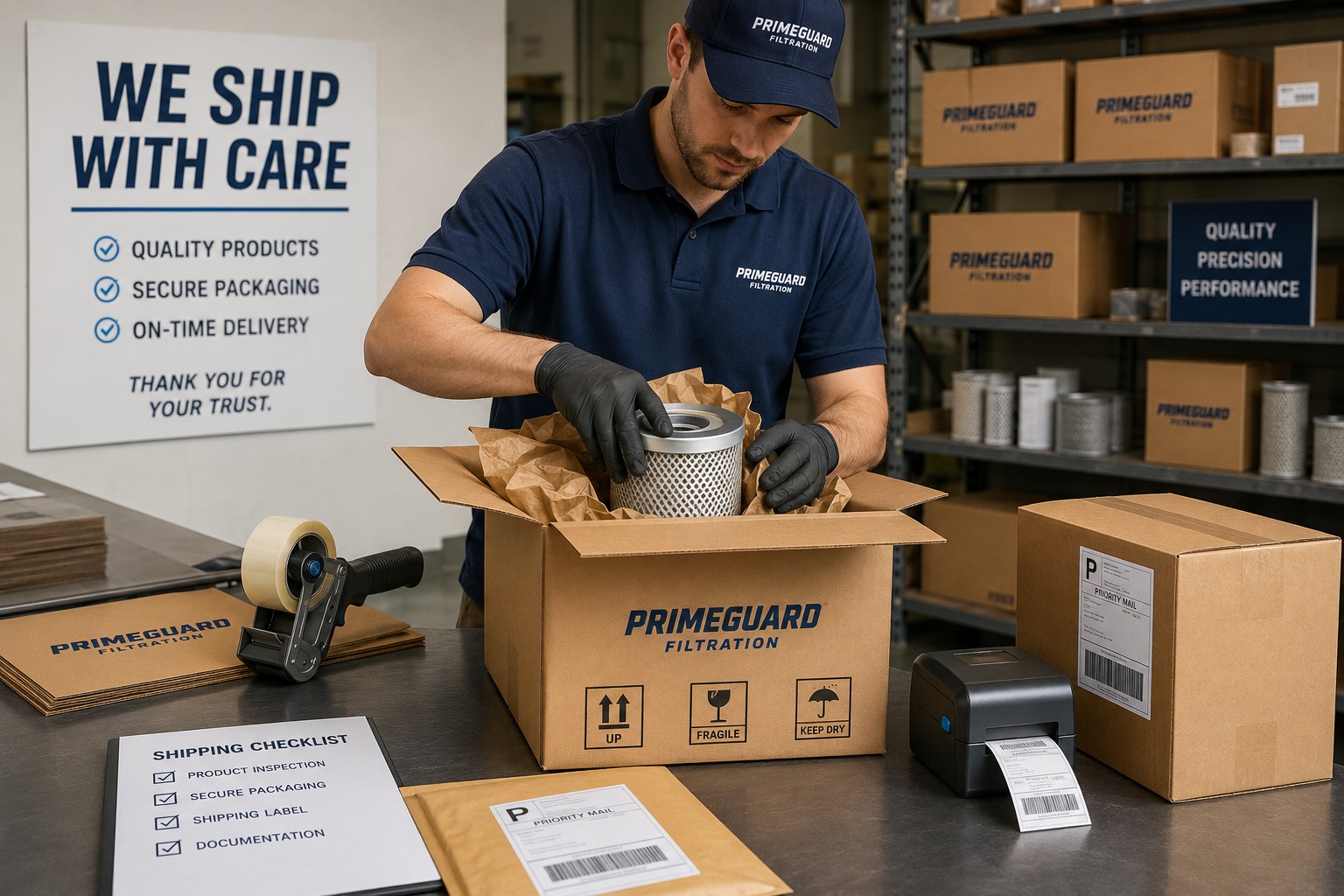 Primeguard Filtration team member carefully packaging a filter for shipment